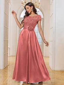 MIUSOL Sequin Floral Lace Colorblock Satin Ruffle Hem Formal Party Maxi Dress - Dusty Pink - View 5
