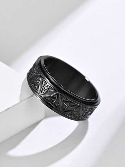 1pc Black Titanium Steel Ring, European & American Celtic Triquetra Rotatable, Decompression Ring
