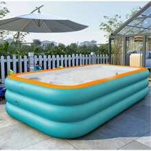 1pc Inflatable Sports Ocean Ball, Large Adult & Family Use, PVC Material, 3-Ring Design, Portable Foldable Swimming Pool, Square Shape, Blue, For Indoor/Outdoor Use, Summer, Beach Essentials, Beach Accessories, Pool Float