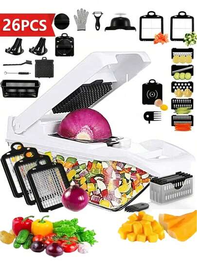 26-i-1 grönsakshackare med handtag, multifunktionell grönsaksskärare och strimlare, spiralblad, mandolinskivare, salladshackare med behållare, lämplig för tomater, potatis, vitlök, grönsaker, morötter med mera, köksredskap, för olika tillfällen, högtider, fester, mors dag