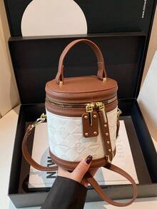 2024 New Red Contrast Color Handheld Cylinder Bag, Elegant Solid Color Mini Women Shoulder Crossbody Bag - Brown - View 2