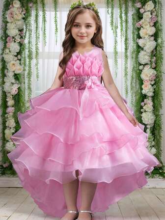 Tween Girl Sequin Multilayer Tulle Party Dress, High-Low Hem Princess Dress For Weddings, Graduations, 4-Seasons