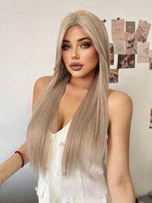 Forehead Lace 4*1, 1 Piece Synthetic Heat Resistant Straight Hair Without Bangs Blonde 28 Inch Full Weave Everyday Natural Realistic Wig
