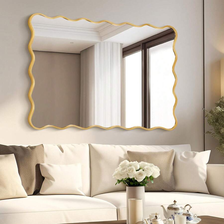 Wavy Rectangular Bathroom Mirror Wall-Mounted Modern Aluminum Alloy Mirror Fashionable Wavy Mirror Irregular Frame Rectangular Decorative Bathroom Mirror Suitable For Bedroom, Living Room, Entrance Passage, Horizontal Or Vertical