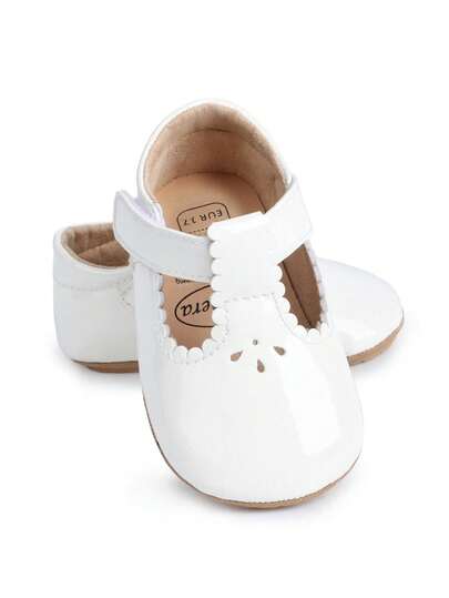 1 Pair Solid Color PU Hook & Loop Design Flat Mirror Surface Mary Jane Princess Shoes, Infant Girl 0-1 Years, Suitable For Spring And Autumn