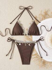 Nuevo conjunto de traje de baño con diseño de tirantes de espagueti, espalda descubierta y decoración de concha de estilo suave - Marrón - View 5