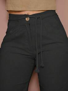 Women's Linen High Waist Trousers With Elegant And Detailed Rope Belt And Pence - 黑色 - 查看 1
