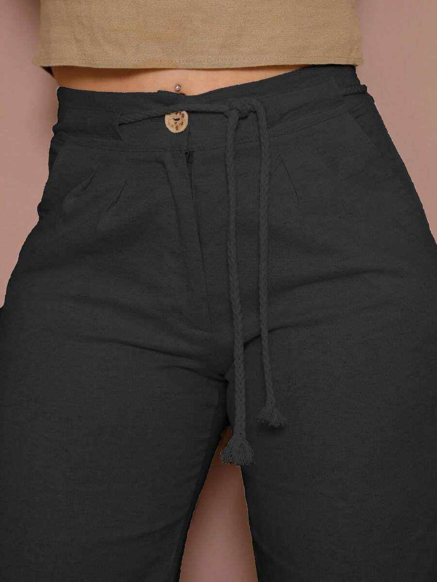 Women's Linen High Waist Trousers With Elegant And Detailed Rope Belt And Pence - 黑色 - 查看 1