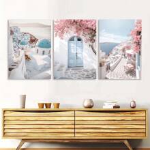 3pcs Santorini Street Canvas Wall Art - Greek Poster With White Architecture, Blue Rooftops & Pink Flowers, Waterproof Canvas Prints For Home, Bedroom, Dormitory Decor, Perfect Gift Idea, No Frame Coastal Decor Coastal Decor Beach Decor