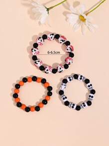 3pcs Gothic Goth Horror Blood Hand Skull Pumpkin Spider Print Wooden Bead Bracelet, Punk Style Elastic Wrist Strap, Unisex, Suitable For Halloween Party Holiday Gift