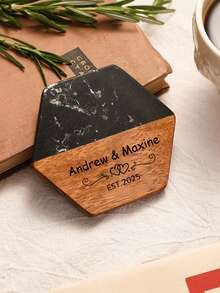 1pc Customized Text Marble & Wooden Coaster, Housewarming, Wedding, Anniversary, Engagement Personalized Gift - Multicolor - View 10