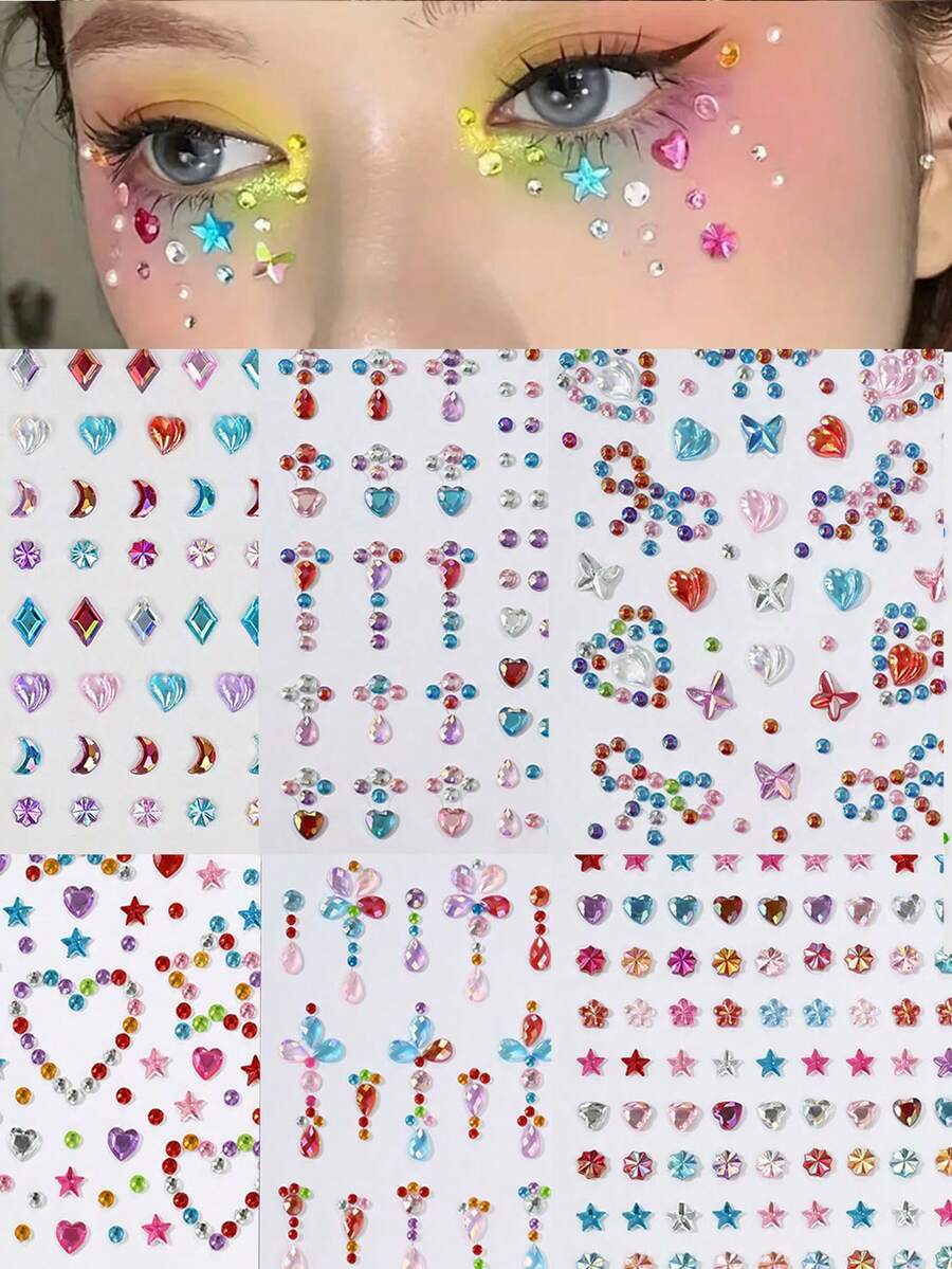 6 miếng dán trang trí mặt hình trái tim nhiều màu sắc lấp lánh, đá quý trang trí mắt nghệ thuật pha lê, đồ trang trí dán tạm thời cho cơ thể và mặt, dụng cụ trang điểm, kẻ mắt, nghệ thuật vẽ móng.
