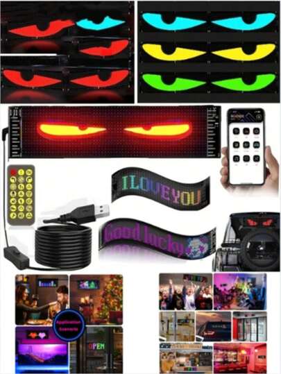 可编程软屏“恶魔之眼”车贴，USB供电，支持App控制和遥控器操作，适用于商店、酒店、节日庆典、DIY照明等场合，安装简便，经久耐用，可调光石墨RGB显示屏，节日装饰（型号分别为16*32、20*64、16*96，对应LED像素数量，尺寸分别为70*173毫米、102*348毫米、120*595毫米）。