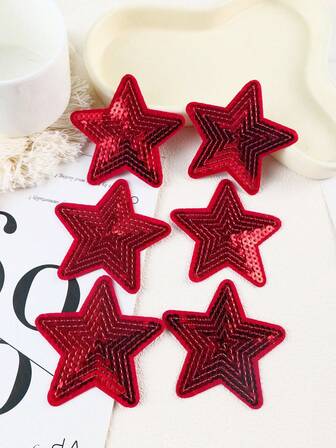 6pcs Red Sequin Five-Pointed Star Pattern Cloth Patches, Cartoon Style Embroidery Sew-On Applique Decals, DIY Craft For Clothes, Shoes, Bags And More