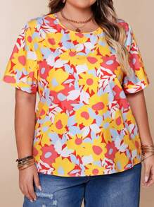 Plus Size Women's Yellow Floral Print Round Neck Casual Vacation Short Sleeve Pullover Top, Summer