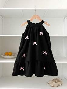 Humor Bear Girls Casual Fashionable Bowknot Neck Dress, Summer - Black - View 1