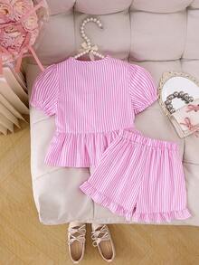 2pcs Young Girl Sweet Bow-Tied Striped Short Sleeve Top And Shorts Set, Summer - Pink - View 2