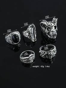 5pcs/Set Metal Skull Asymmetrical Textured Punk Rings Set For Men - 5 Piece Ring Set - View 3