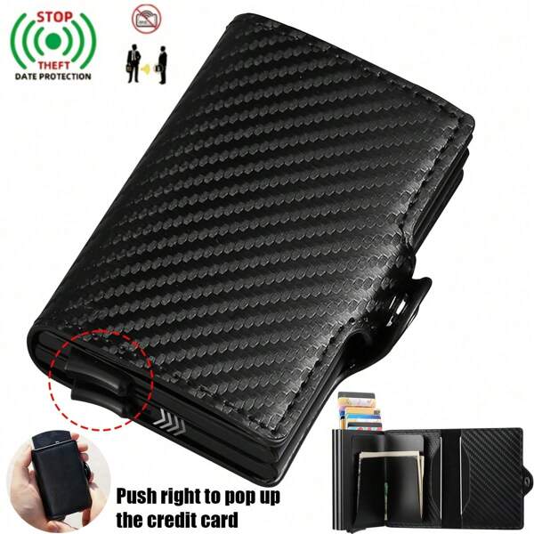 Cartera de gran capacidad con doble capa de tarjetas de identificación, protección anti-RFID, funda para tarjetas de fibra de carbono para hombres, color negro - Regalo ideal para hombres