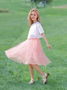 Pink Princess Tutu Skirt For Girls - Mid-Length Summer Tulle Skirt With Bow Detail, Fluffy Mesh Layers, And Elastic Waistband - Perfect For Parties, Performances & Casual Outings, Party Wear Skirt | Fluffy Tulle Skirt | Stylish Youngsters's Wear - Pink - View 2
