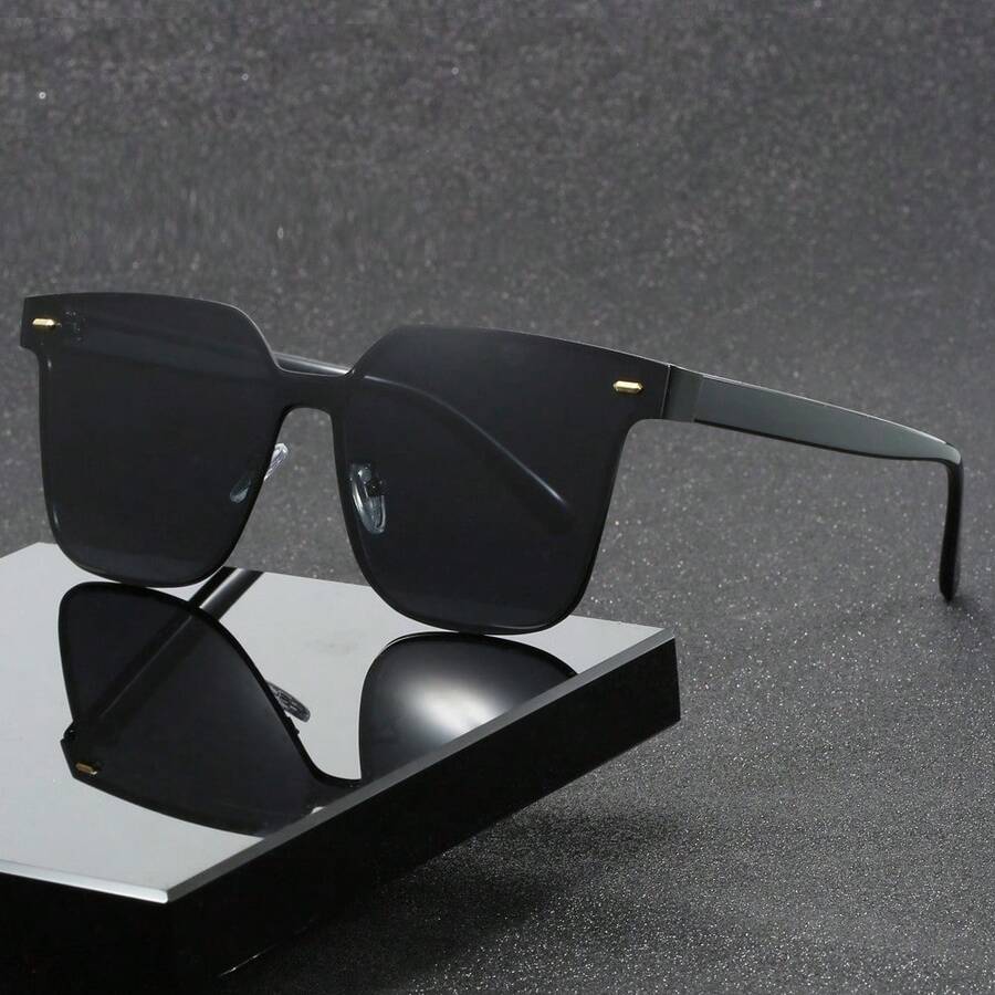 1pc Men's Rectangular Flat Polarized Fashion Glasses, Black Color, Slim Face Design, Suitable For Driving - Black Frame Black Gray Film - View 1