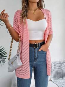 Casual Hollow-Out Knit Short Sleeve Cardigan, Spring/Summer - Pink - View 5