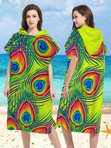 1pc Peacock Feather Print Hooded Cloak/Robe - Ultra Soft Microfiber Beach Pattern, Suitable As Gift For Him/Her/Couples - Beach & Home Decor, Couples Cape | Microfiber Bathrobe, Suitable For All Occasions Back To School - Multicolor - View 6