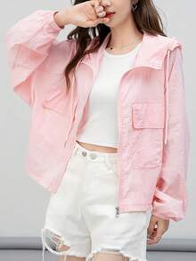 Women's Lightweight Pink Hooded Jacket - Breathable UV Protection, Long Sleeves, Casual Summer Jacket With Pockets, Polyester Fabric, Machine Washable, Lightweight Hooded | Loose Fit Jacket | Functional Pockets, Jackets