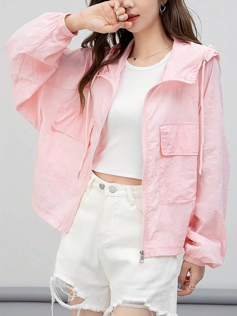 Women's Lightweight Pink Hooded Jacket - Breathable UV Protection, Long Sleeves, Casual Summer Jacket With Pockets, Polyester Fabric, Machine Washable, Lightweight Hooded | Loose Fit Jacket | Functional Pockets, Jackets
