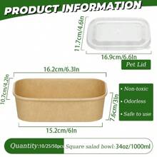 1000ml/34oz Einweg-Kraftpapier-Schüsseln mit Deckeln, rechteckige Lebensmittelbehälter Suppenschüsseln Party Zubehör Naschteller 10/25/50 Stücke