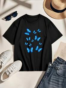 Plus Size Tops Women Clothes Round Neck Blue Butterfly Pattern Print Summer Outfits Sleeved T-Shirt Graphic Tees Women Tops - Black - View 2