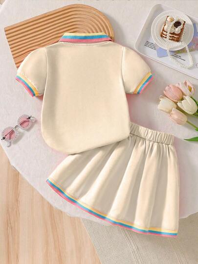 2pcs/Set Little Girls Fashion Cute Collar Embroidered Blouse + Casual Patchwork Skirt
