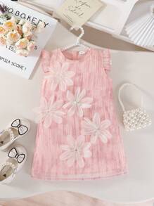 Young Girl Fashionable Socialite Pink Cap Sleeve Mesh Floral Dress, Suitable For Party, Commute, Beach, School, Photoshoot, Everyday Wear, Summer