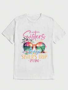 Para hombre,Camisa con Letra "Sisters in the Loose SISTER'S TRIP - 2024" y Lente de Sol,Camiseta casual de cuello redondo y manga corta con estampado,adecuada para uso diario en primavera y verano,unisex - Blanco - Ver 1
