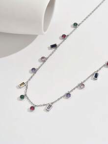 1 件时尚水钻装饰不锈钢彩色吊坠项链，精致百搭的奢华颈链，适合女士 - 銀色 - 查看 10