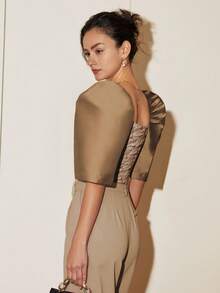 Amyenjoylife 女士现代优雅菲律宾风休闲短袖衬衫 - 咖啡棕 - 查看 2