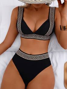 1 套女士比基尼泳装 2 件套，V 领宽肩带拼接设计，时尚性感 - 黑色 - 查看 1