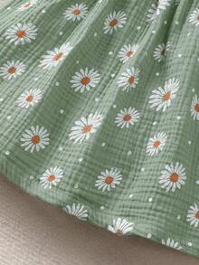 Set de 2 piezas de vestido sin mangas con pliegues en forma de corazón y moño decorativo, y sombrero lindo para niñas bebés - Conjunto de vestido de verano casual cómodo y versátil - Verde Oliva - Ver 3