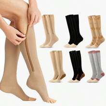 1 Pair Breathable Compression Socks With Side Zipper, Unisex, Breathable Open Toe Leg Support Elastic Long Socks - Multicolor - View 1
