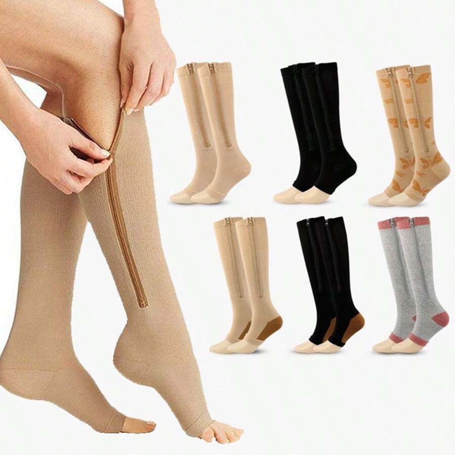 1 Pair Breathable Compression Socks With Side Zipper, Unisex, Breathable Open Toe Leg Support Elastic Long Socks - Multicolor - View 1