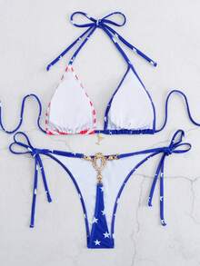 Women's Fashionable American USA Flag Printed Sexy Bikini Set For Summer Beach, 4th Of July