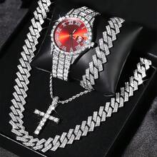 4pcs/Set Men's Watch And Hip Hop Cuban Chain Necklace Bracelet Set (Without Gift Box) - A - View 2