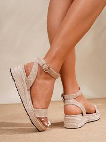 Women's Platform Wedge Sandals, Women's Sandals, Women's Shoes, Platform Sandals, Straw Rope, Slides, Real Leather, Suitable For All Seasons Wear, Vacation, Party, Casual, Beach