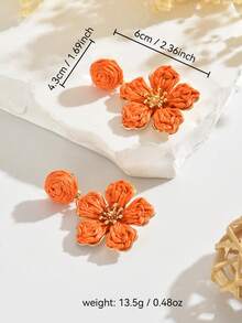 OOQ 1 Pair Handmade Boho Style Rattan Woven Colorful Flower Drop Earrings, Minimalist High-End Floral Tassel Earrings, Suitable For Daily, Vacation, Party Wear For Women (Handwoven May Have Minor Defects) - Orange - View 5