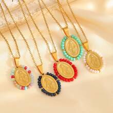 1pc Fashionable Retro Colorful Crystal Virgin Mary Pendant Necklace, Best Gift For Women Jewelry