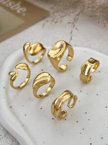 6pcs/Set Vintage Minimalist Alloy Molten Lava Teardrop Design Open Rings, Asymmetrical Fashionable Thick Metal Gold Tone Ring Set, Suitable For Women's Daily Commute, Holiday Gifts, Party Decoration, Charming Jewelry Gift Set