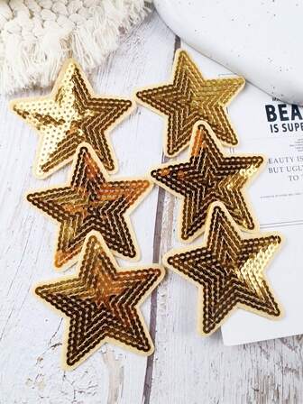 6pcs Gold Sequin Five-Pointed Star Pattern Patches, Cartoon Embroidered Sew-On Appliques, DIY Crafts, Suitable For Clothes, Shoes, Hats, Bags And More