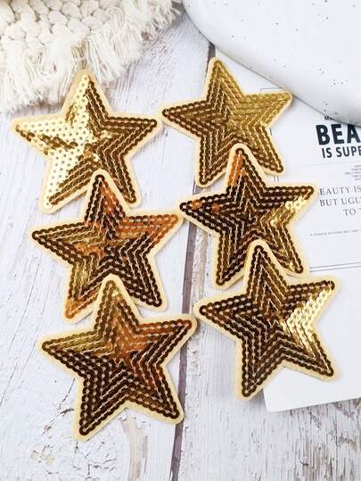 6pcs Gold Sequin Five-Pointed Star Pattern Patches, Cartoon Embroidered Sew-On Appliques, DIY Crafts, Suitable For Clothes, Shoes, Hats, Bags And More