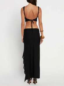 Women Two Piece Bodycon Skirts Set Sleeveless V Neck Open Back Tie Floral Cami Top Vest + High Split Ruffled Long Skirt Outfit - 黑色 - 查看 4