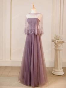 Elegante e raffinato abito da sera/abito in stile derby con sovrapposizione in rete viola, con scialle in pizzo, vestito formale, da cocktail, abito da sera, per invitati a matrimoni